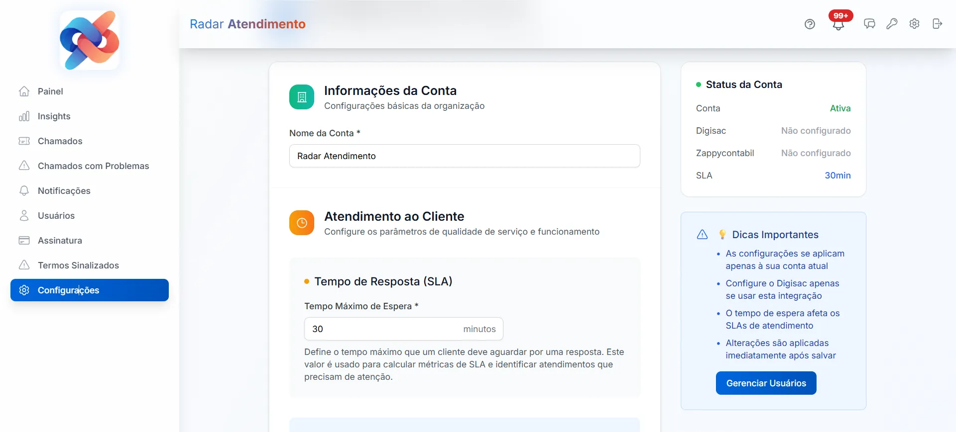 Configurações com integrações