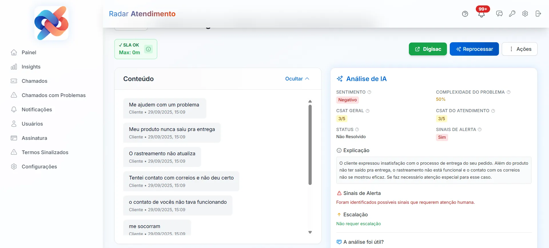 Tela de detalhes com mensagens, análise e ações